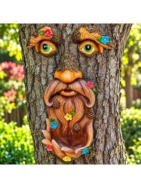 Whimsical Tree Face Decor with Flowers - Charming Outdoor Garden Statue